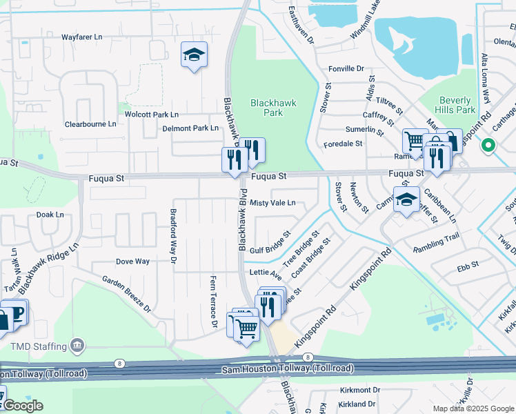 map of restaurants, bars, coffee shops, grocery stores, and more near 9418 Misty Vale Lane in Houston