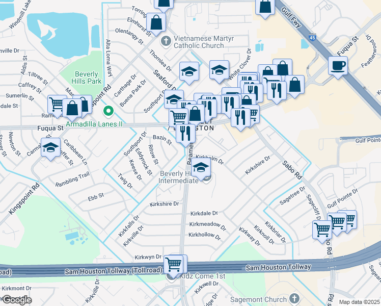 map of restaurants, bars, coffee shops, grocery stores, and more near 11116 Beamer Road in Houston