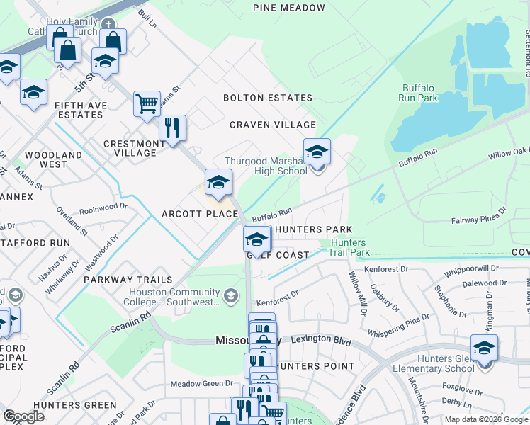 map of restaurants, bars, coffee shops, grocery stores, and more near 1544 Buffalo Run in Missouri City