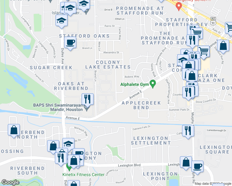 map of restaurants, bars, coffee shops, grocery stores, and more near 603 Colony Lake Estates Drive in Stafford