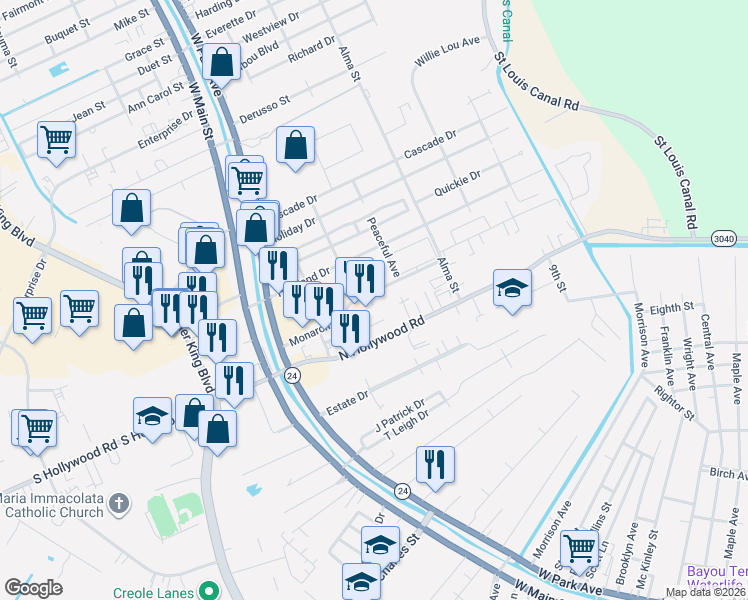 map of restaurants, bars, coffee shops, grocery stores, and more near 201-267 Monarch Dr in Houma