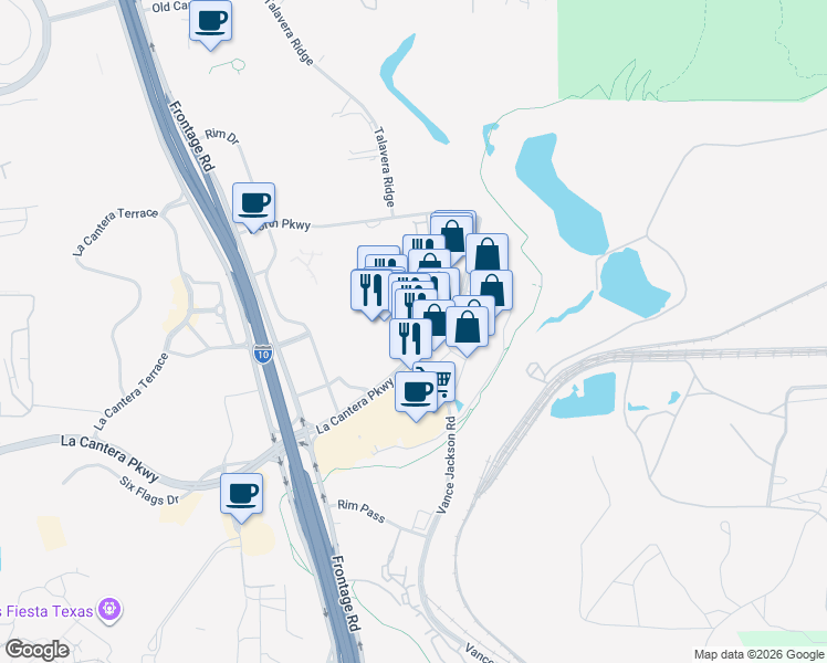 map of restaurants, bars, coffee shops, grocery stores, and more near 17603 La Cantera Parkway in San Antonio