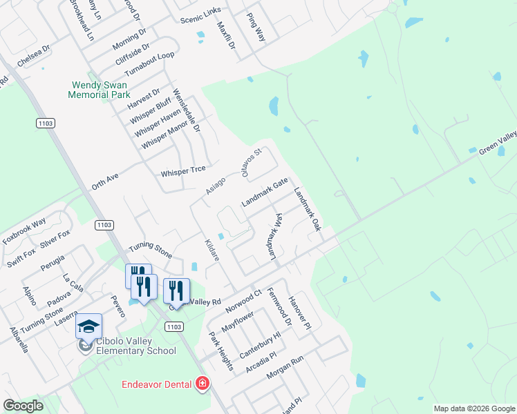 map of restaurants, bars, coffee shops, grocery stores, and more near 425 Landmark Falls in Cibolo