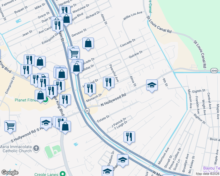 map of restaurants, bars, coffee shops, grocery stores, and more near 201 Monarch Drive in Houma