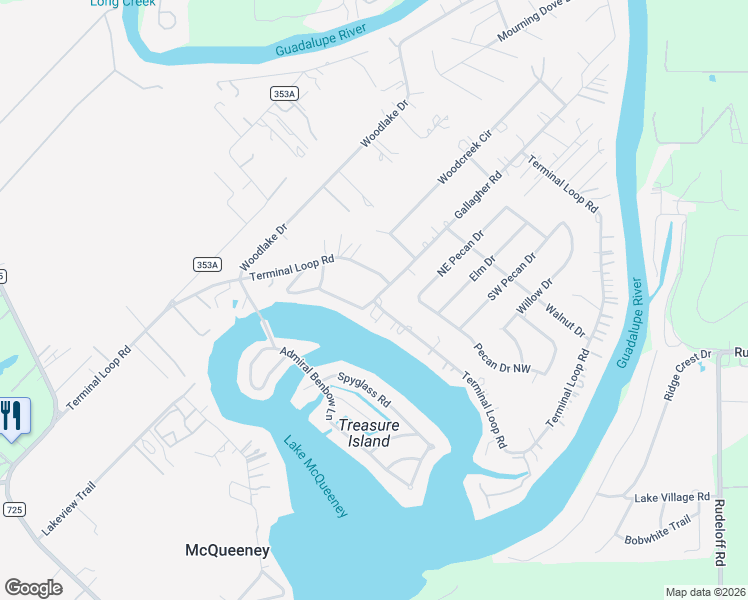 map of restaurants, bars, coffee shops, grocery stores, and more near 1287 Terminal Loop Road in McQueeney