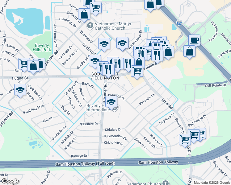 map of restaurants, bars, coffee shops, grocery stores, and more near 10925 Beamer Road in Houston