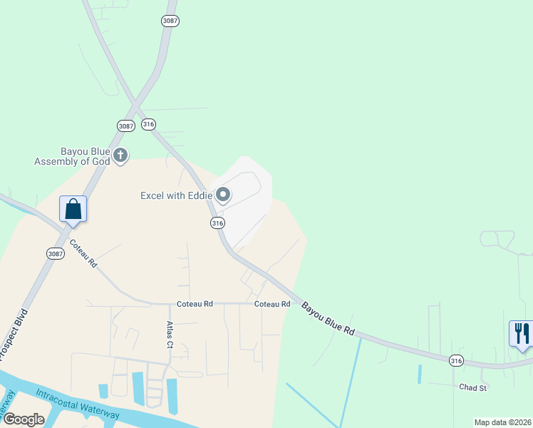 map of restaurants, bars, coffee shops, grocery stores, and more near 299 Peaceful Lane in Houma