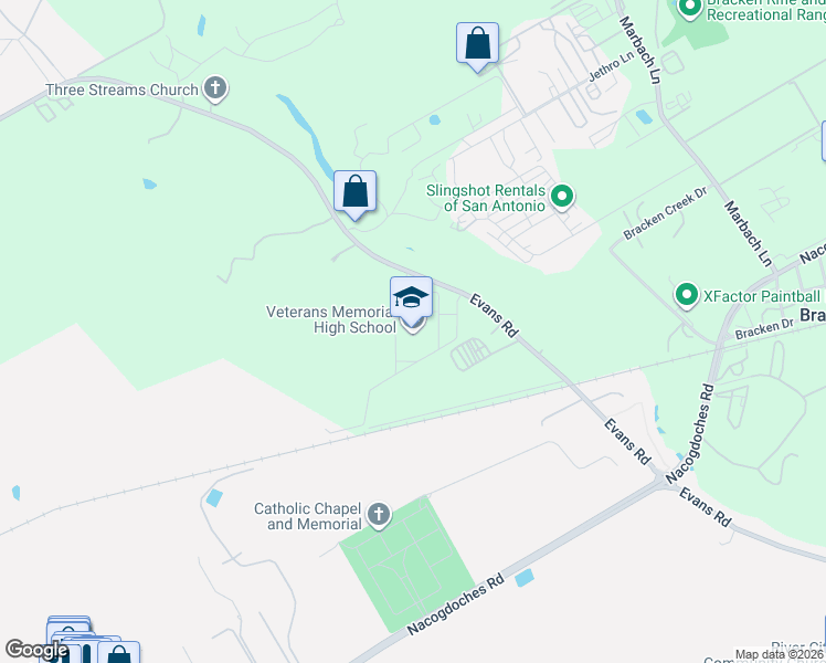 map of restaurants, bars, coffee shops, grocery stores, and more near 7618 Evans Road in San Antonio