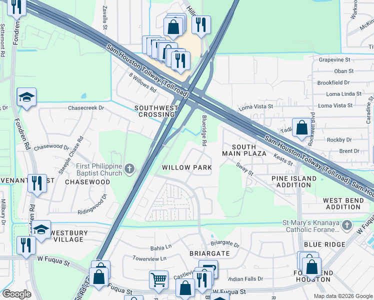 map of restaurants, bars, coffee shops, grocery stores, and more near 15006 Timberlea Drive in Missouri City