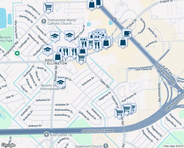 map of restaurants, bars, coffee shops, grocery stores, and more near 11461 Sabo Road in Houston