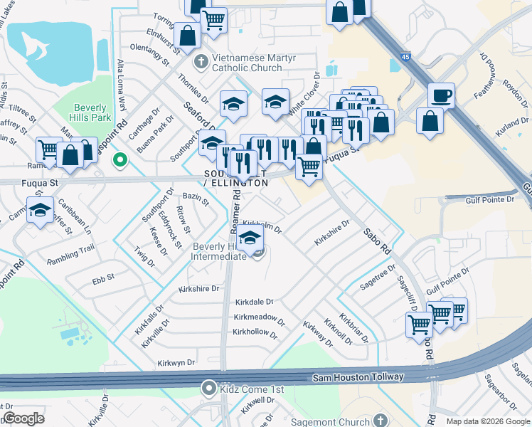 map of restaurants, bars, coffee shops, grocery stores, and more near 10925 Beamer Road in Houston