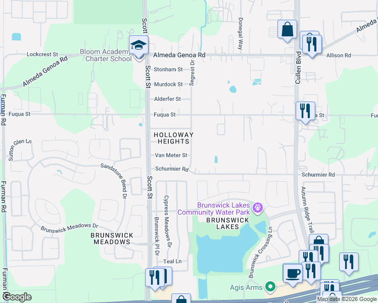 map of restaurants, bars, coffee shops, grocery stores, and more near 13703 Segrest Drive in Houston