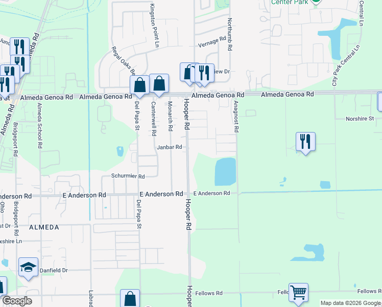 map of restaurants, bars, coffee shops, grocery stores, and more near 13601 Hooper Road in Houston