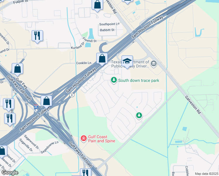 map of restaurants, bars, coffee shops, grocery stores, and more near 10742 Plum Dale Way in Houston