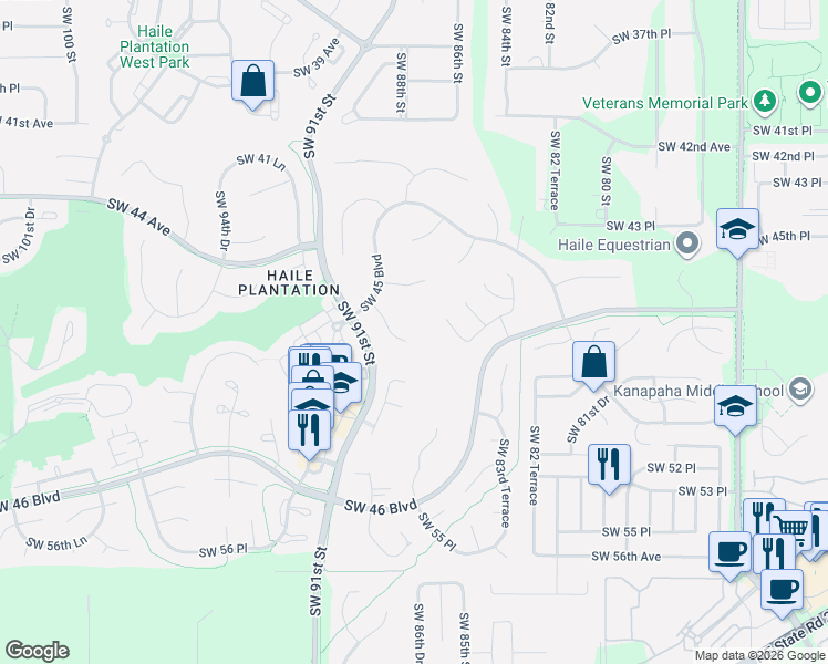 map of restaurants, bars, coffee shops, grocery stores, and more near 4735 Southwest 88 Drive in Gainesville