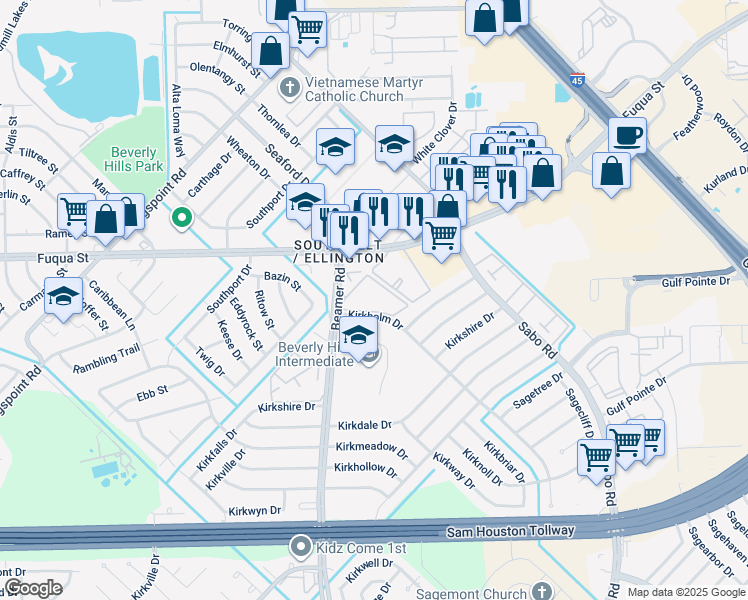 map of restaurants, bars, coffee shops, grocery stores, and more near 10925 Beamer Road in Houston