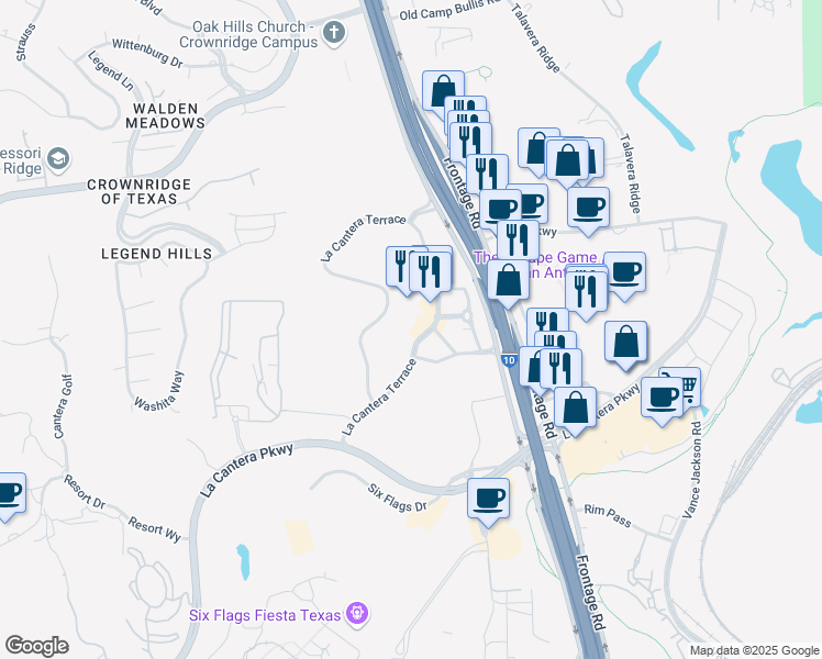 map of restaurants, bars, coffee shops, grocery stores, and more near 17803 La Cantera Terrace in San Antonio