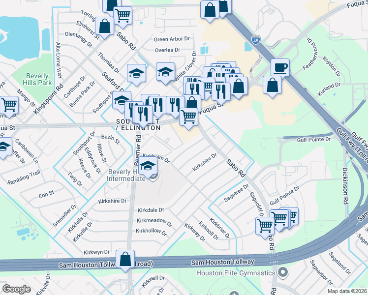 map of restaurants, bars, coffee shops, grocery stores, and more near 10918 Fuqua Street in Houston