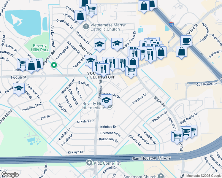 map of restaurants, bars, coffee shops, grocery stores, and more near 10925 Beamer Road in Houston