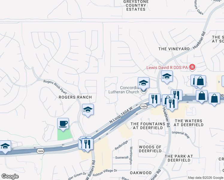 map of restaurants, bars, coffee shops, grocery stores, and more near 18200 Blanco Springs in San Antonio