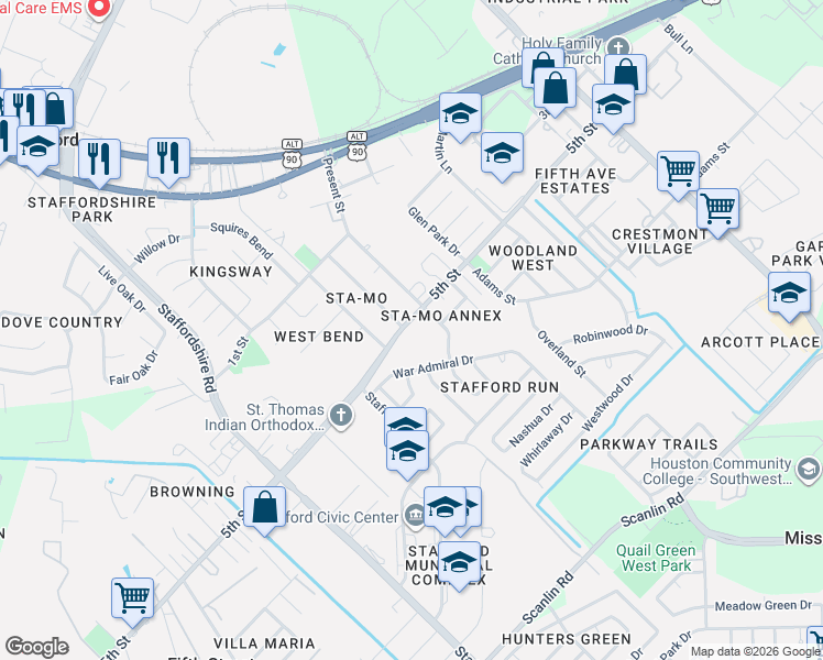 map of restaurants, bars, coffee shops, grocery stores, and more near 423 Center Street in Stafford