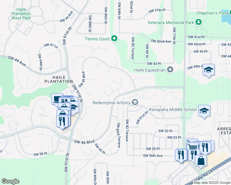 map of restaurants, bars, coffee shops, grocery stores, and more near 4645 Southwest 84 Drive in Gainesville