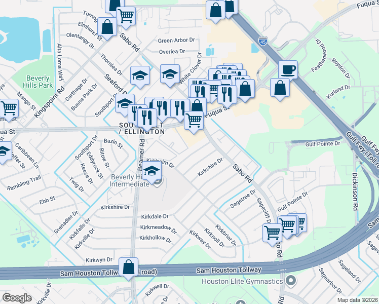 map of restaurants, bars, coffee shops, grocery stores, and more near 10918 Fuqua Street in Houston