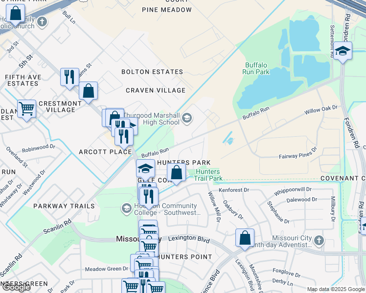 map of restaurants, bars, coffee shops, grocery stores, and more near 1442 Hunters Park Drive in Missouri City