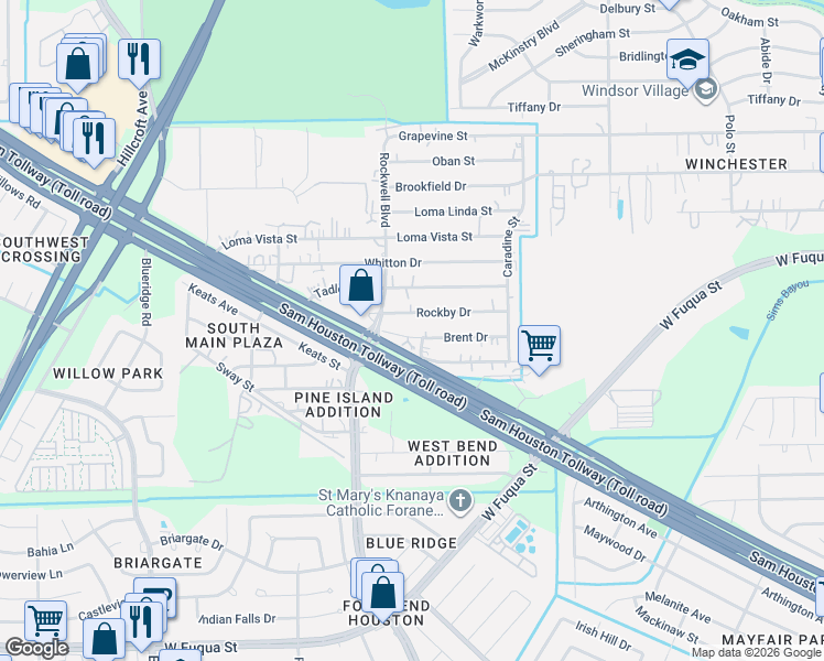 map of restaurants, bars, coffee shops, grocery stores, and more near 6517 Rockby Drive in Houston