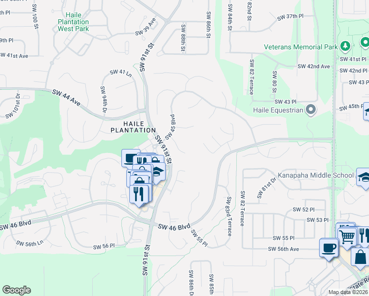 map of restaurants, bars, coffee shops, grocery stores, and more near 4735 Southwest 88 Drive in Gainesville