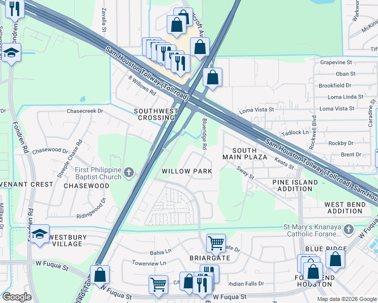map of restaurants, bars, coffee shops, grocery stores, and more near 15006 Timberlea Drive in Missouri City