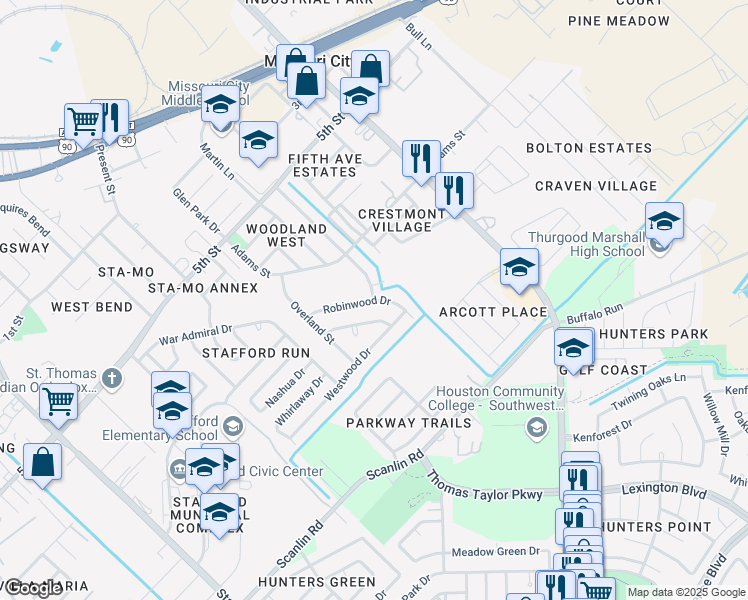 map of restaurants, bars, coffee shops, grocery stores, and more near 12052 Kirkwood Drive in Stafford