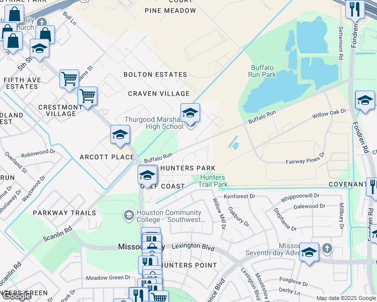 map of restaurants, bars, coffee shops, grocery stores, and more near 1442 Hunters Park Drive in Missouri City