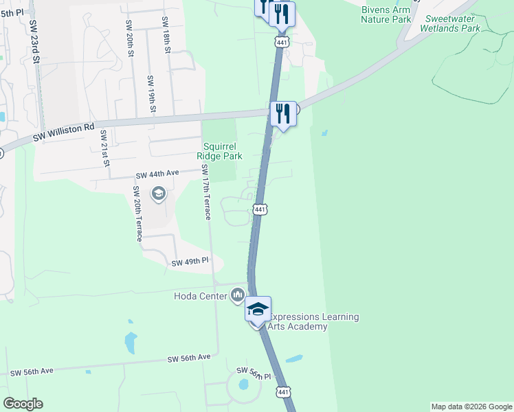 map of restaurants, bars, coffee shops, grocery stores, and more near 1401 Southwest 45th Road in Gainesville