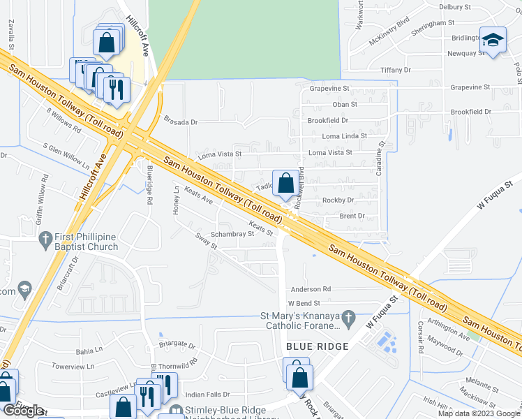 map of restaurants, bars, coffee shops, grocery stores, and more near 66021 Sam Houston Tollway in Houston