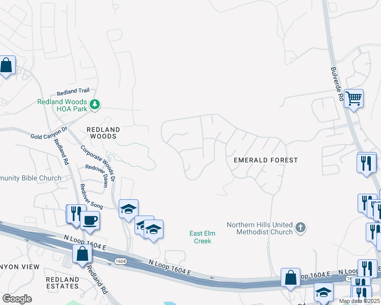 map of restaurants, bars, coffee shops, grocery stores, and more near 3215 Boxtree Lane in San Antonio