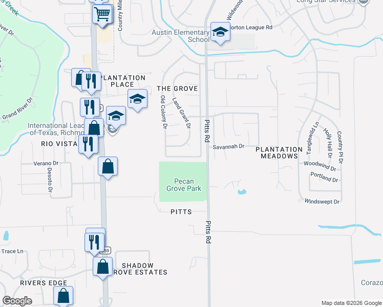 map of restaurants, bars, coffee shops, grocery stores, and more near 326 Land Grant Drive in Richmond