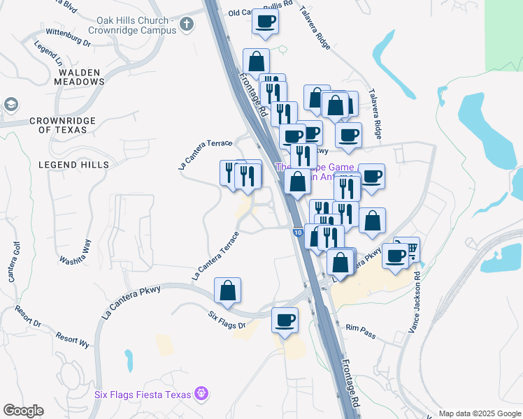 map of restaurants, bars, coffee shops, grocery stores, and more near 17101 La Cantera Parkway in San Antonio
