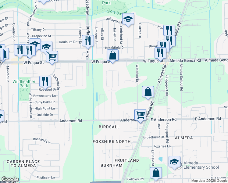map of restaurants, bars, coffee shops, grocery stores, and more near 15003 Alrover St in Houston