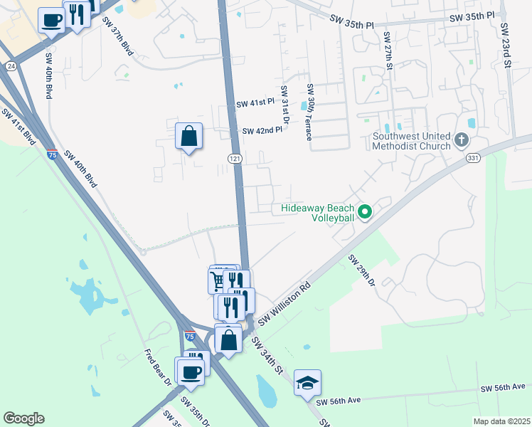 map of restaurants, bars, coffee shops, grocery stores, and more near 4455 Southwest 34th Street in Gainesville