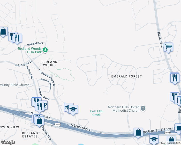 map of restaurants, bars, coffee shops, grocery stores, and more near 3215 Boxtree Lane in San Antonio