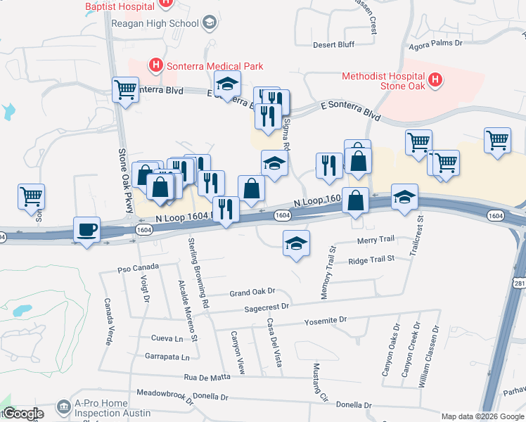 map of restaurants, bars, coffee shops, grocery stores, and more near 211 North Loop 1604 East in San Antonio