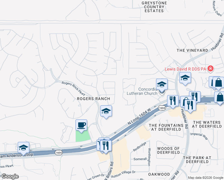 map of restaurants, bars, coffee shops, grocery stores, and more near 2522 Ox Eye Trail in San Antonio
