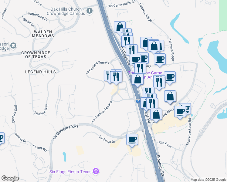 map of restaurants, bars, coffee shops, grocery stores, and more near 17103 La Cantera Parkway in San Antonio
