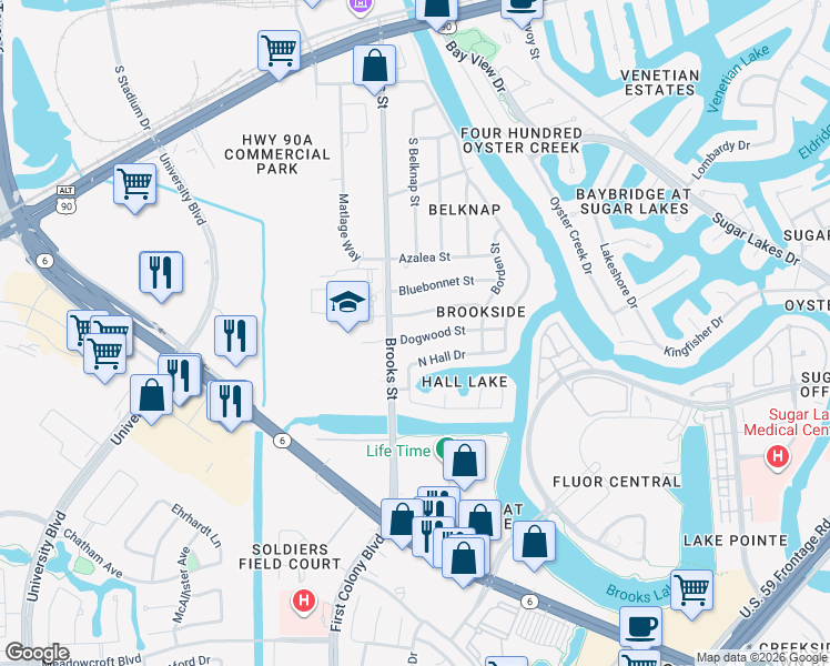 map of restaurants, bars, coffee shops, grocery stores, and more near 156 Dogwood Street in Sugar Land