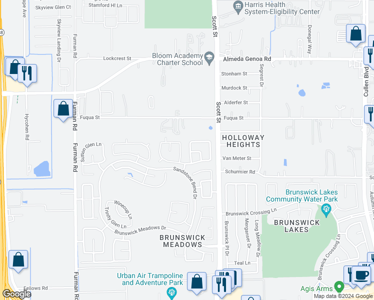 map of restaurants, bars, coffee shops, grocery stores, and more near 13826 Bonner Bluff Lane in Houston