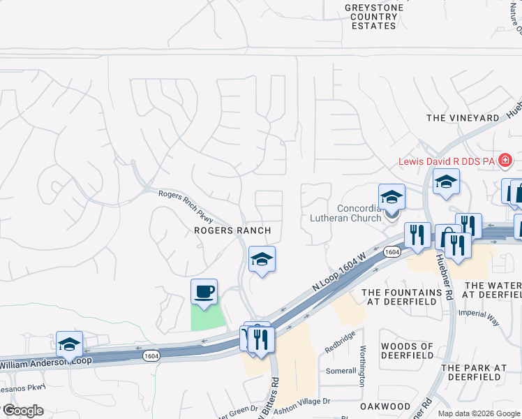 map of restaurants, bars, coffee shops, grocery stores, and more near 2522 Ox Eye Trail in San Antonio