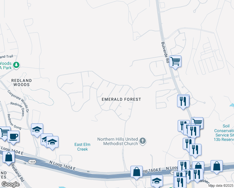 map of restaurants, bars, coffee shops, grocery stores, and more near 18203 Newcliff in San Antonio