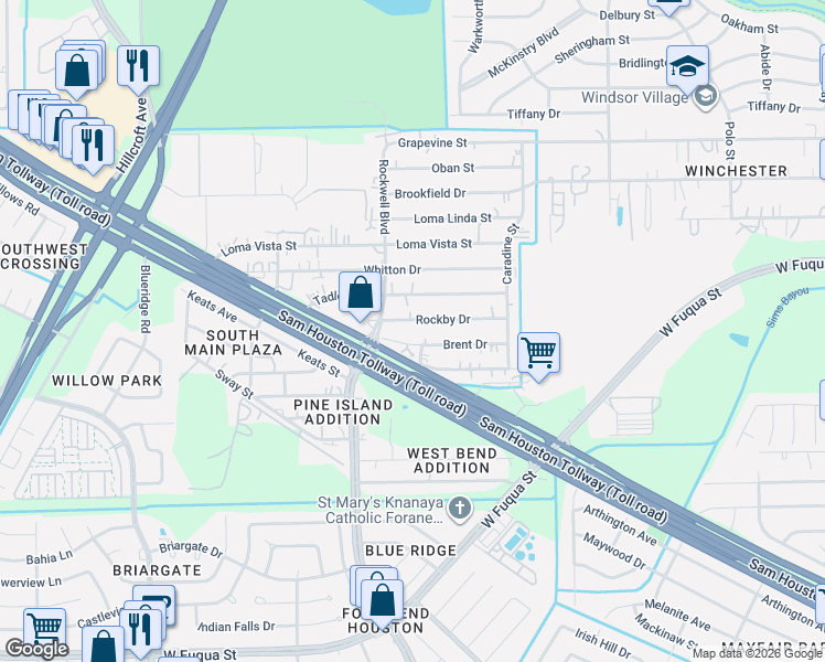 map of restaurants, bars, coffee shops, grocery stores, and more near 6517 Rockby Drive in Houston