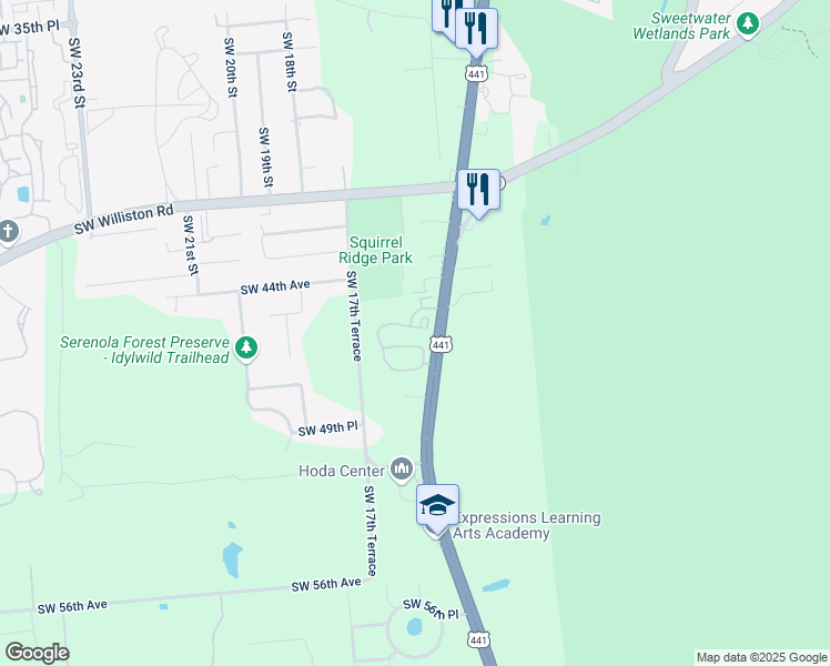 map of restaurants, bars, coffee shops, grocery stores, and more near 1471 Southwest 45th Road in Gainesville